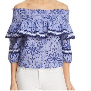 Red Carter Smocked Eyelet Off-Shoulder Top, Size Small - Tropical Vibes!